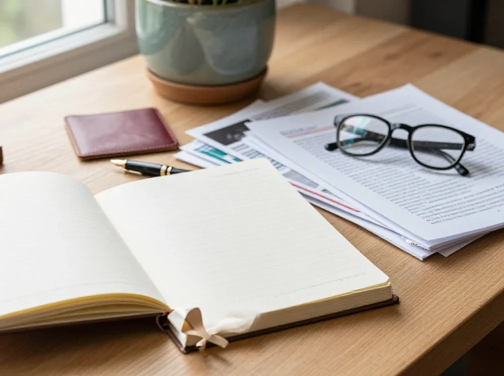 Un bureau organisé avec des rapports et un carnet illustrant une vision d'ensemble structurée.